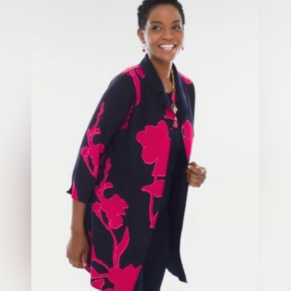 Chico's Floral Navy and Pink Open Reversible Cardigan NEW